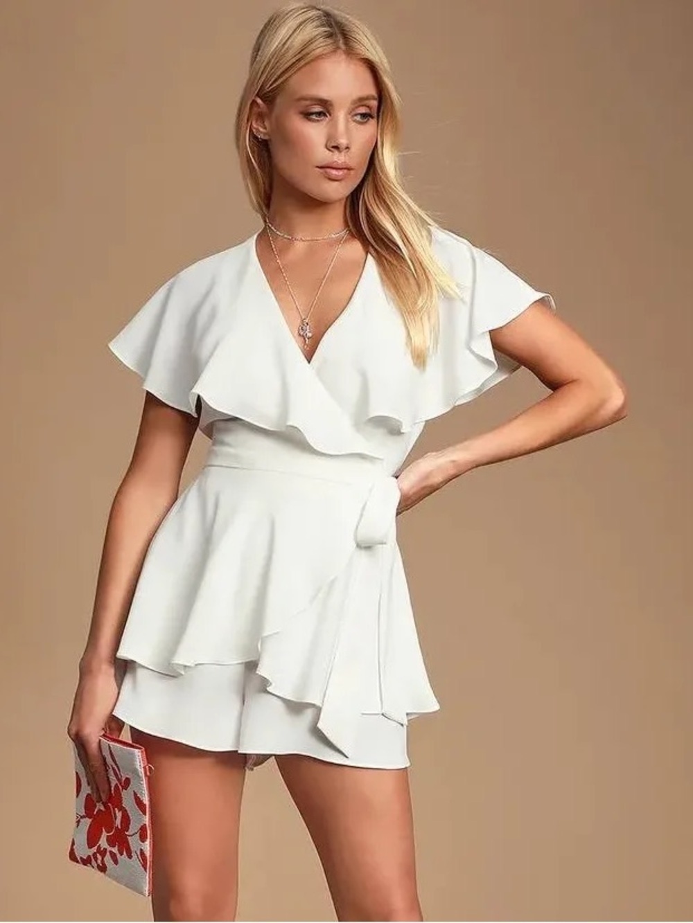 NWT DO+BE WHITE RUFFLE V NECK OPEN BACK ROMPER WITH WAIST TIE